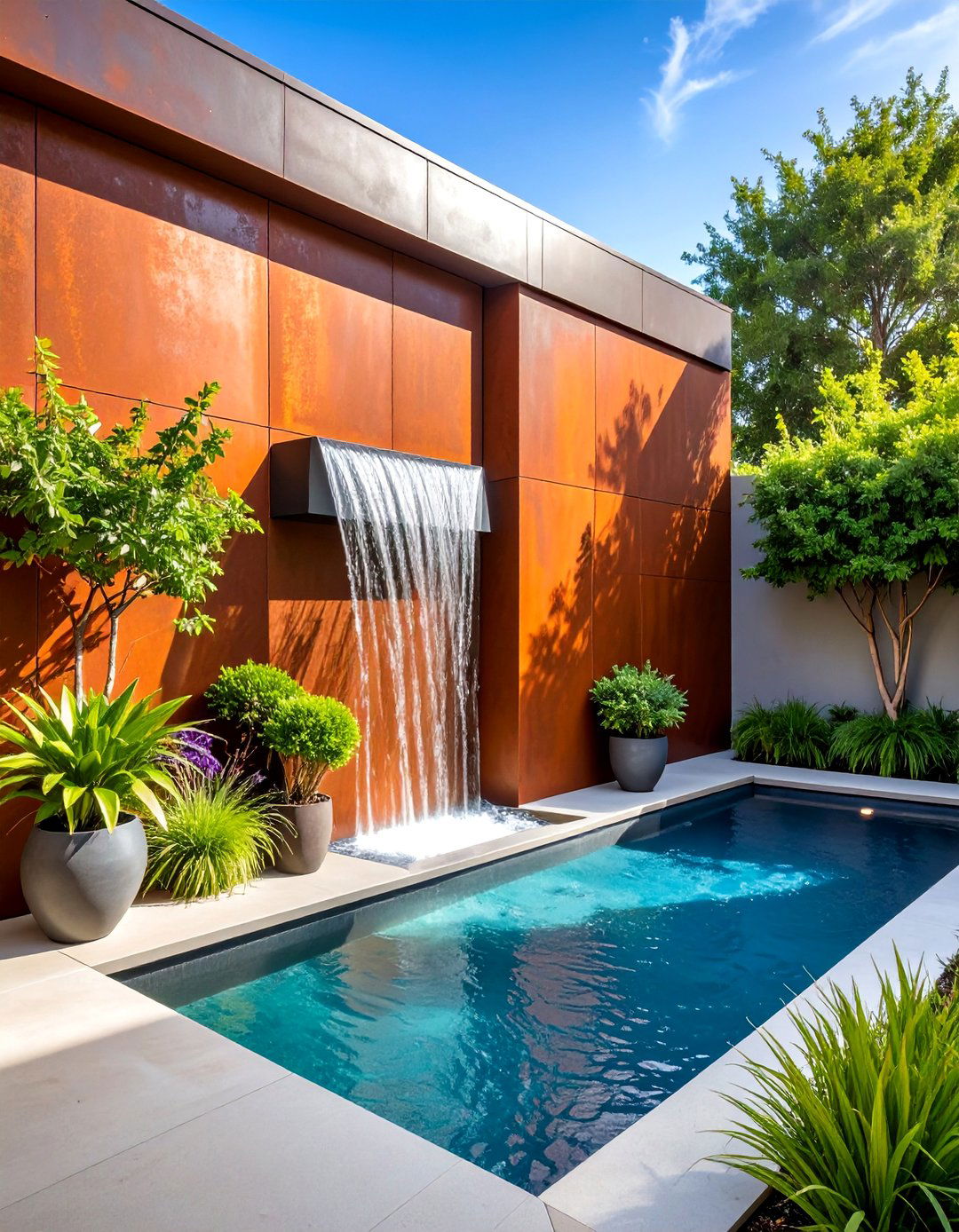 Corten Steel Accent Wall with Horizontal Water Feature - 25 Patio Wall Ideas