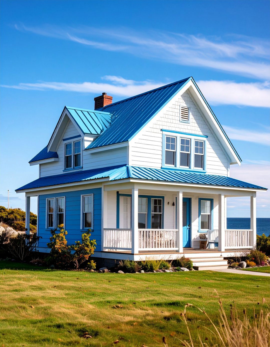 Cottage Blue Metal Roof Home with Painted Board and Batten Siding - 25 houses with blue metal roofs