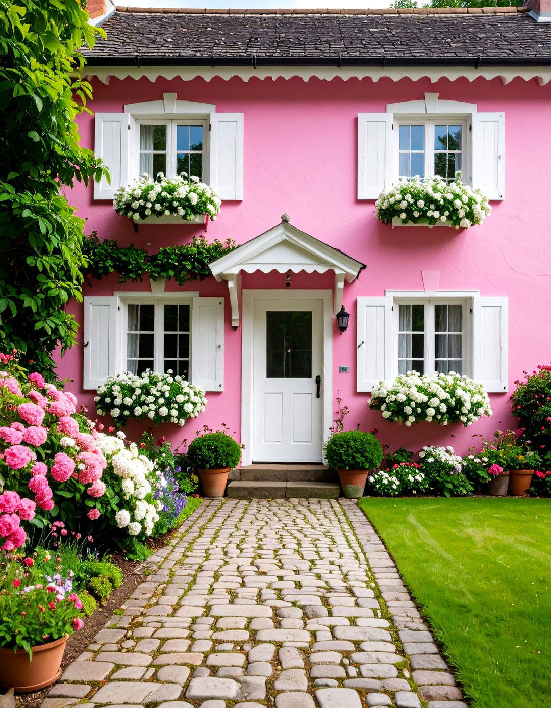 Cottage Bubblegum Pink House Exterior with Flower Boxes - 25 Pink House Exterior Ideas