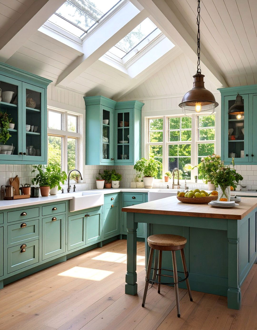 Cottage Charm with Skylights and Pastel Accents - 25 Sloped Ceiling Kitchen Ideas