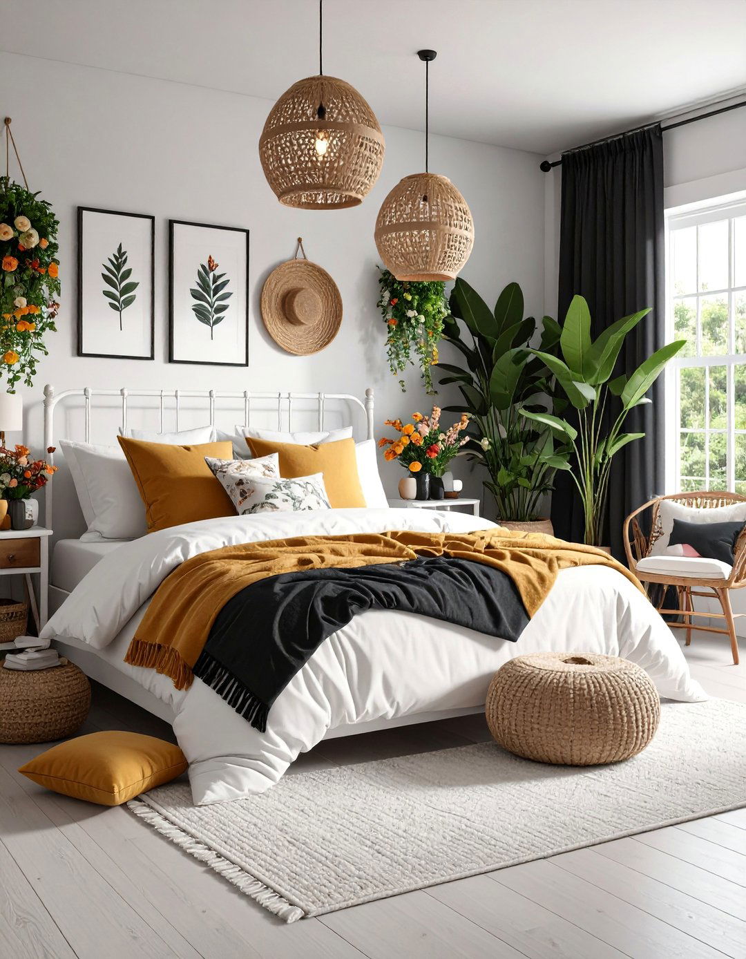 Cottage Core Black and White with Floral Elements - 25 Feminine Black and White Bedroom Ideas