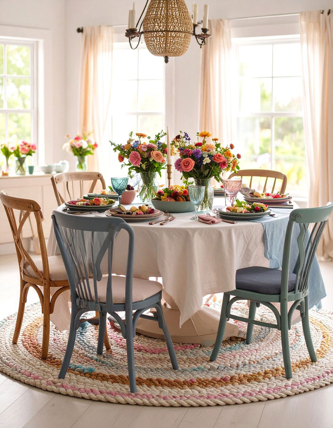 Cottage Dining Room with Braided Rag Carpet - 25 Carpeted Dining Room Ideas