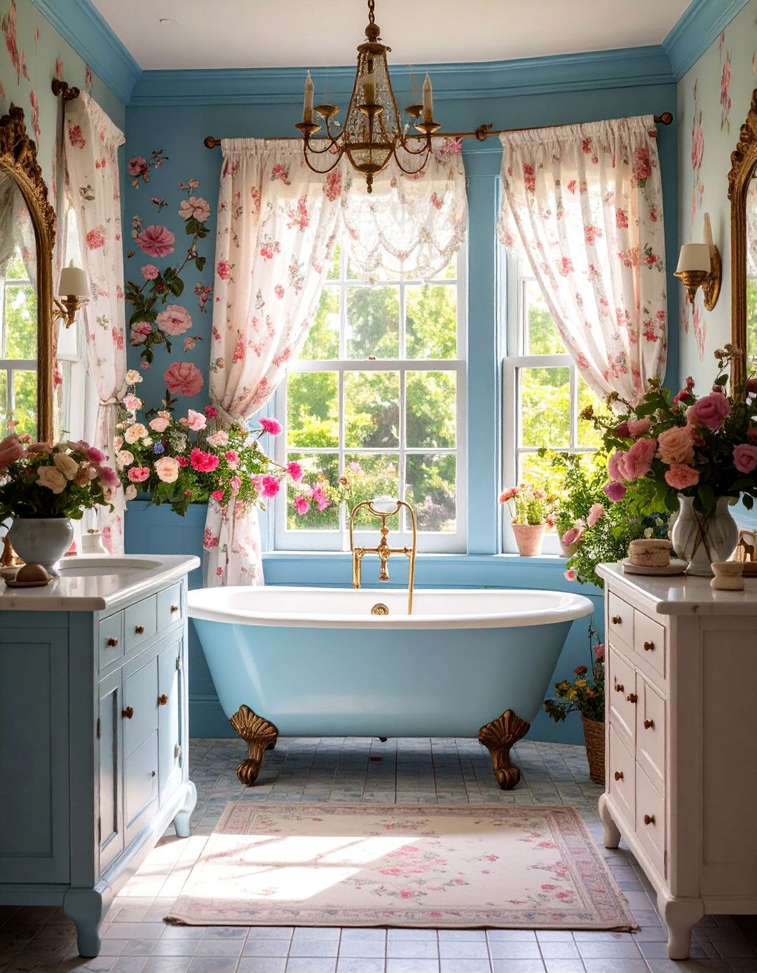Cottage Floral Wallpaper with Vintage Fixtures - 25 Country Bathroom Ideas