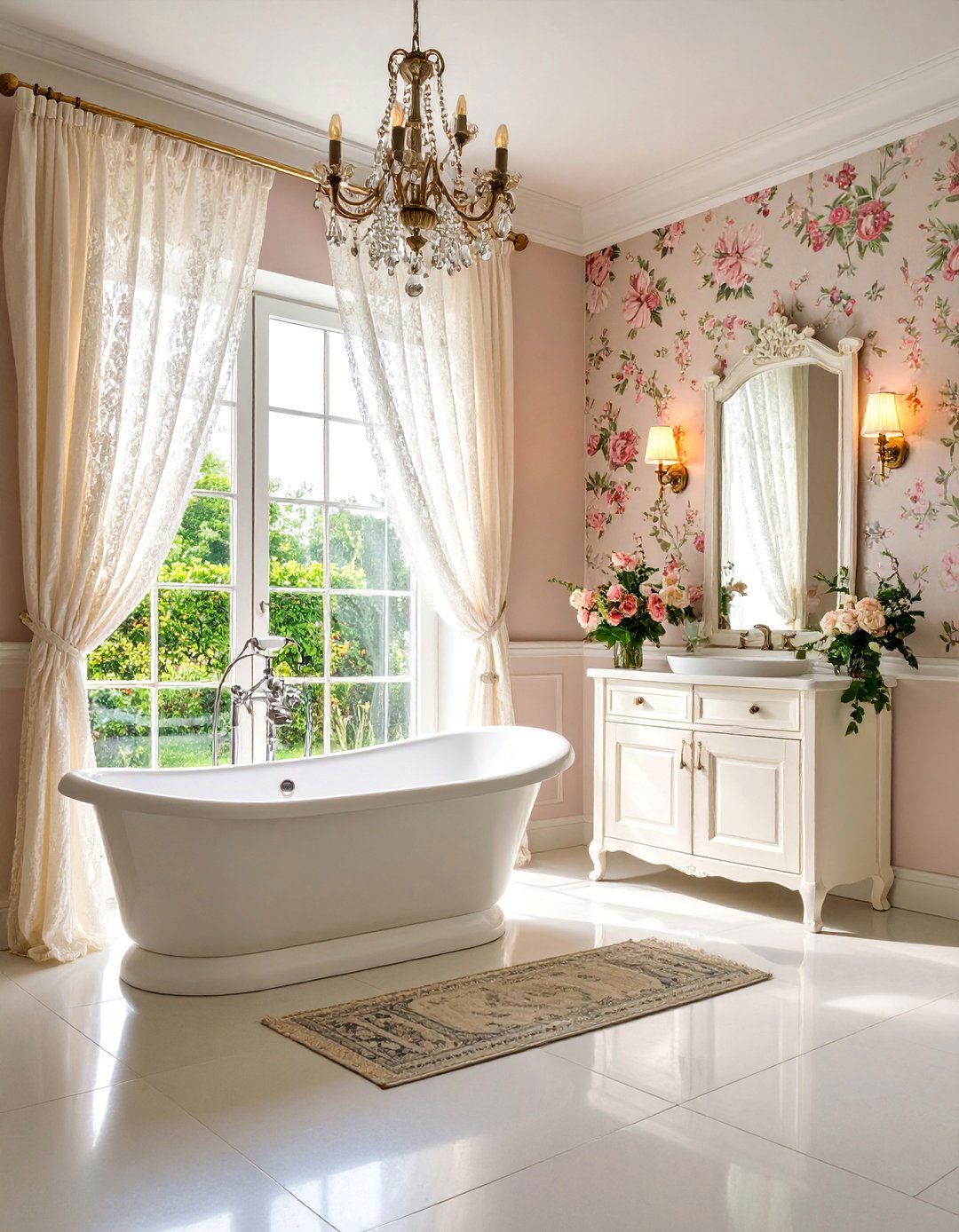 Cottage Floral with Lace Curtains - 25 Cottage Bathroom Ideas