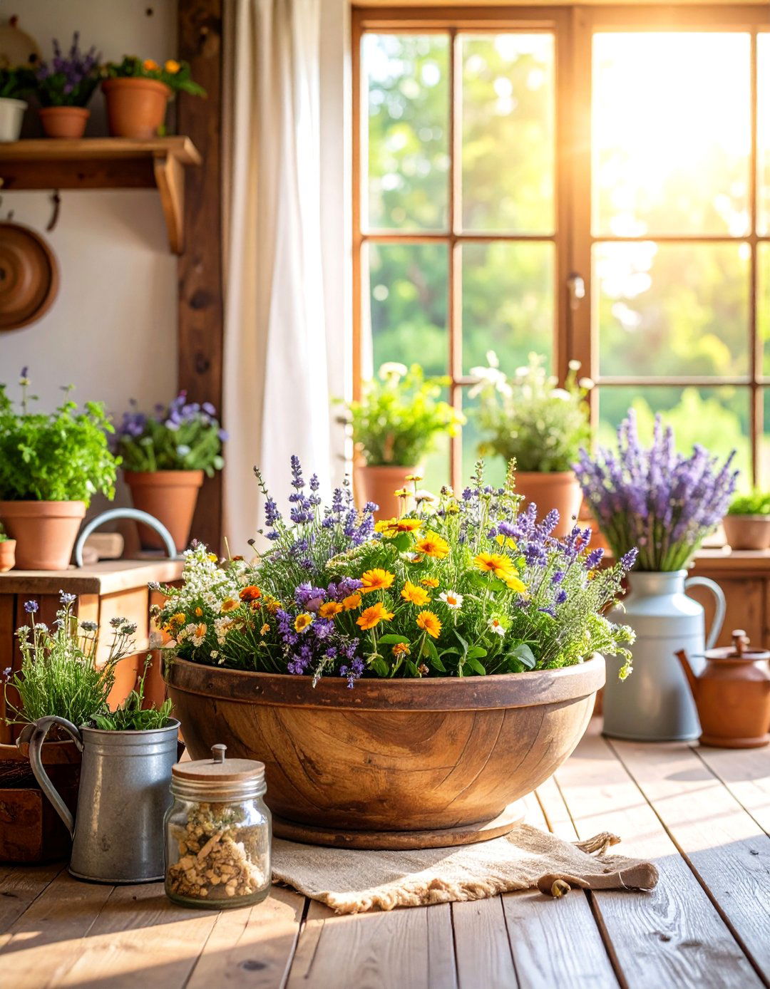 Cottage Garden Bowl with Wildflowers and Vintage Elements - 25 Dough Bowl Decor Ideas