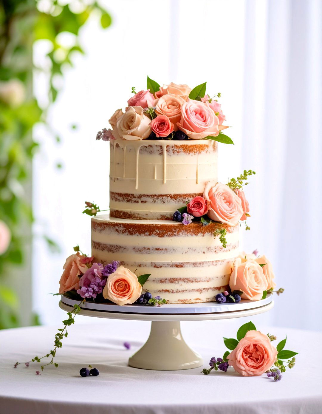 Cottage Garden Naked Cake with English Roses - 25 Naked and Semi-naked Wedding Cake Ideas