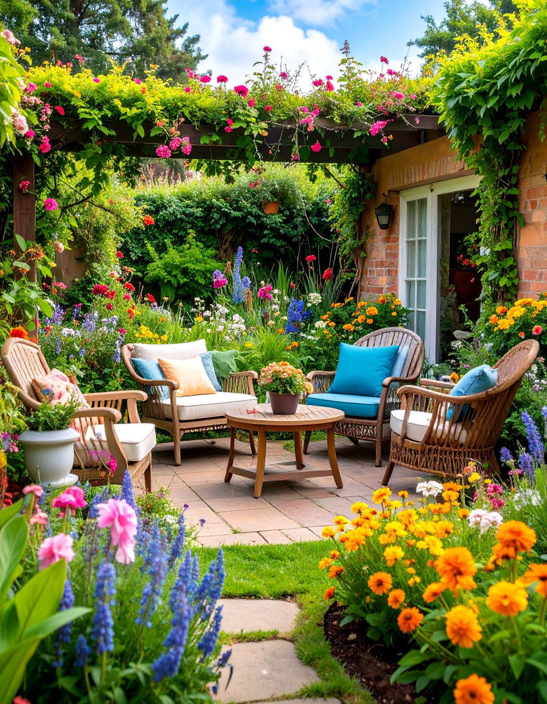 Cottage Garden Patio with Informal Planting Style - 25 Patio Garden Ideas