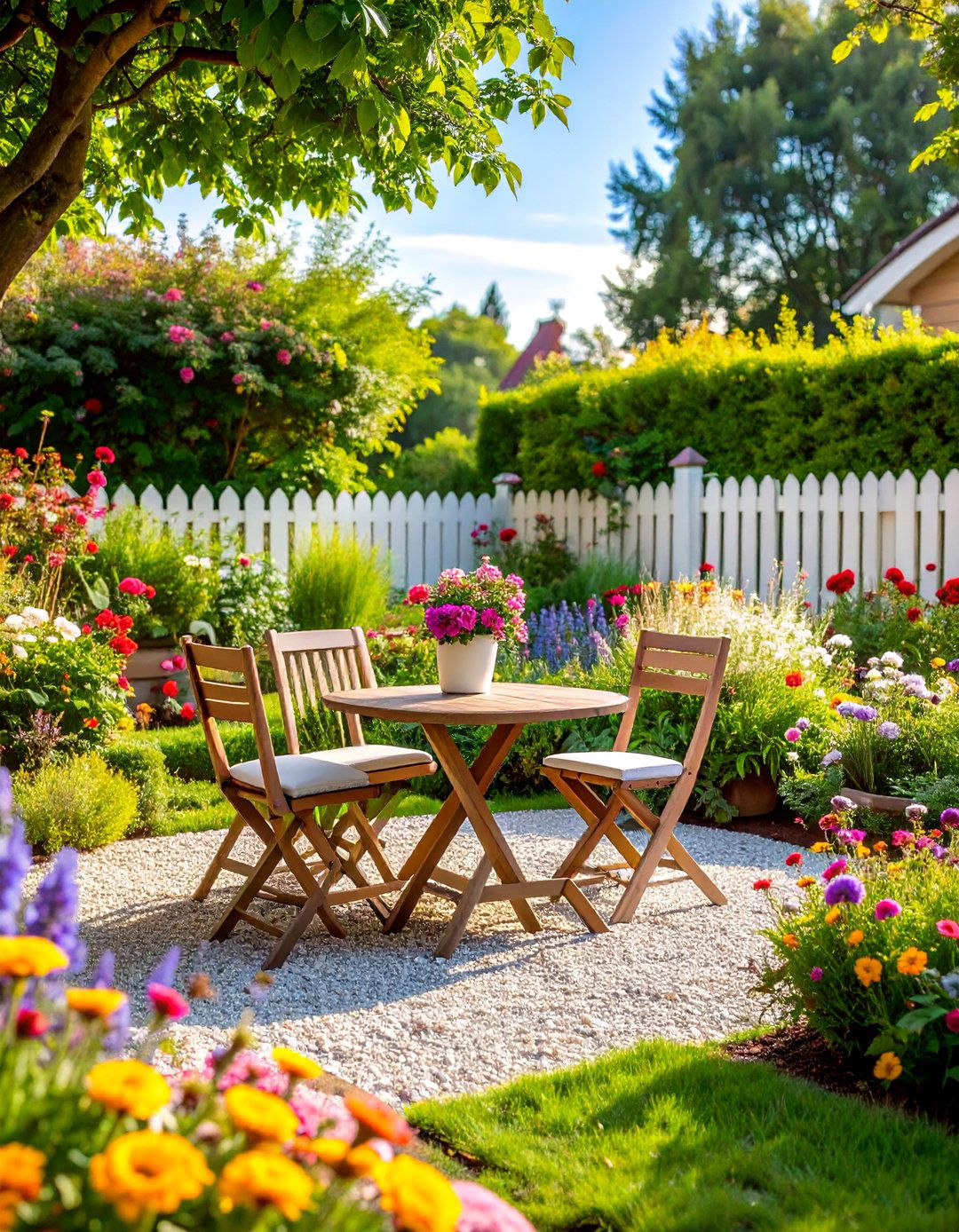 Cottage Garden Patio with Picket Fence Borders - 25 Farmhouse Patio Ideas