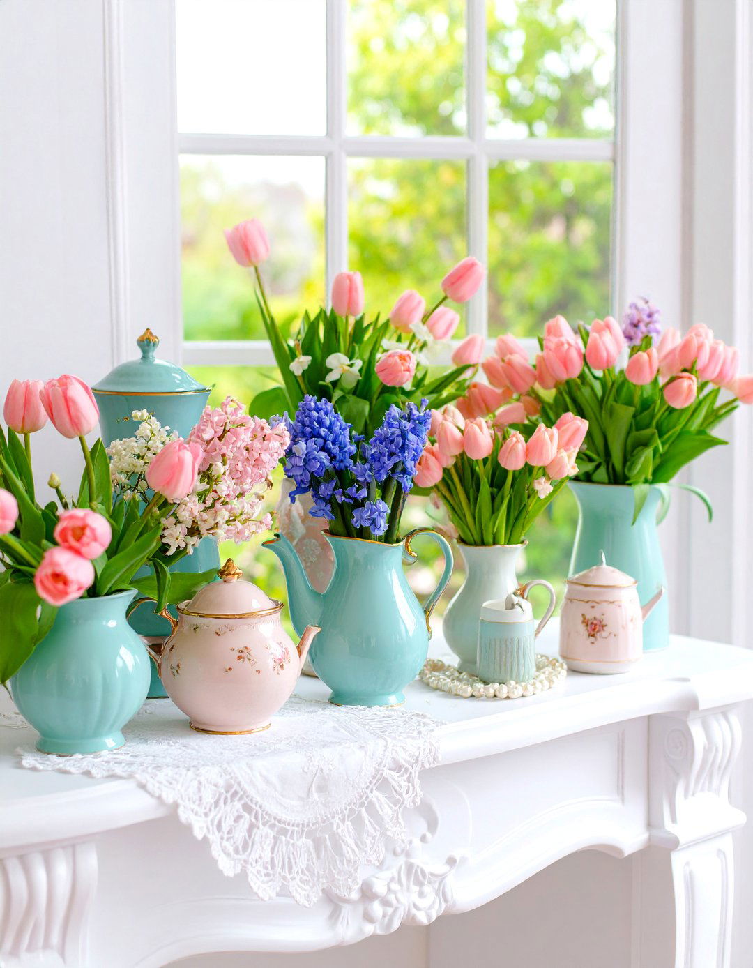 Cottage Garden Spring Mantel with Mixed Florals - 25 Spring Mantel Decor Ideas