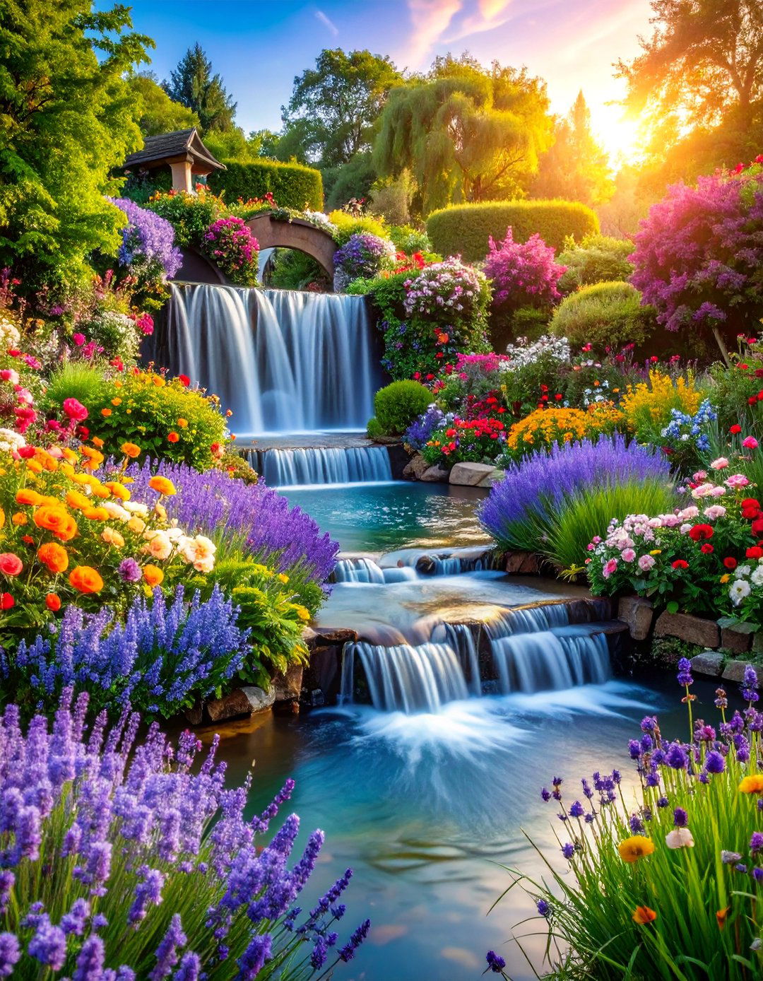 Cottage Garden Waterfall with Mixed Flowers - 25 Small Pond Ideas With Waterfalls