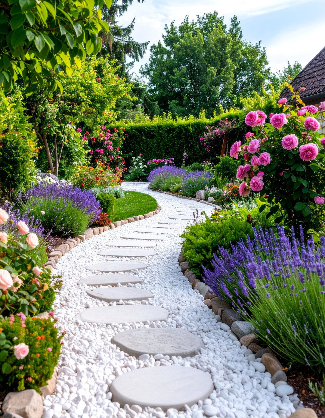 Cottage Garden White Pebble Pathway Design - 25 White Rock Landscaping Ideas
