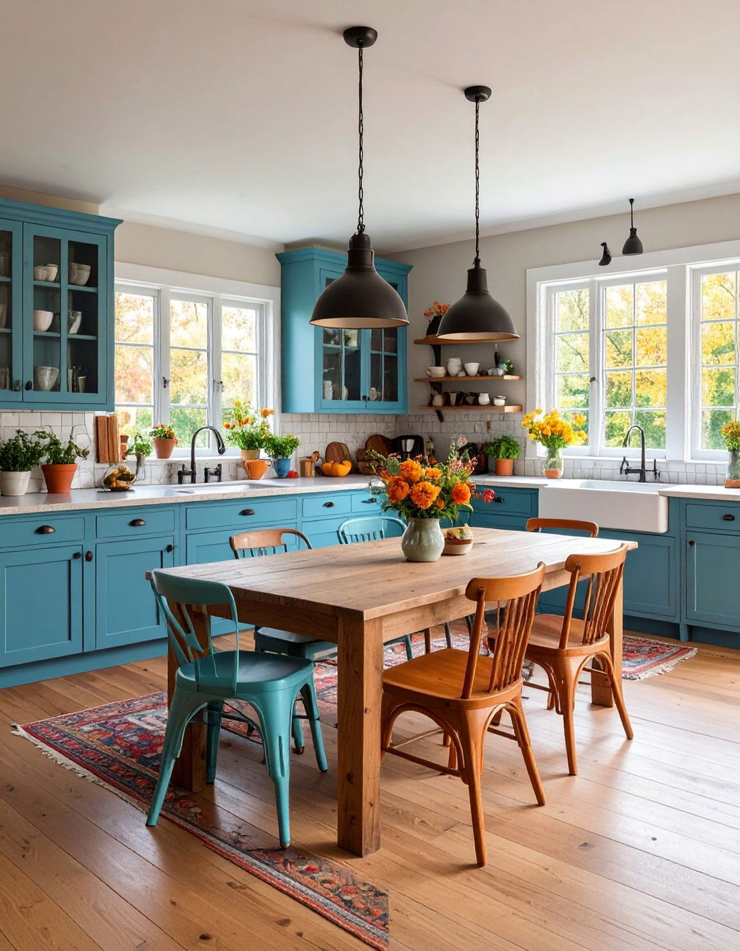 Cottage Kitchen with Farmhouse Table Island and Casual Seating - 25 Cottage Kitchen Ideas