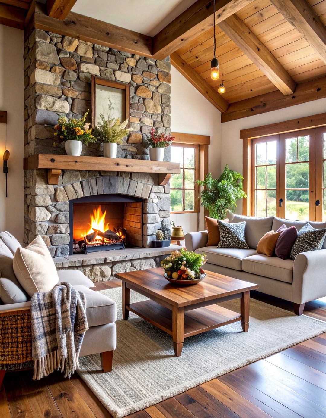 Cottage Living Room with Natural Stone Fireplace - 25 Cottage Living Room Ideas