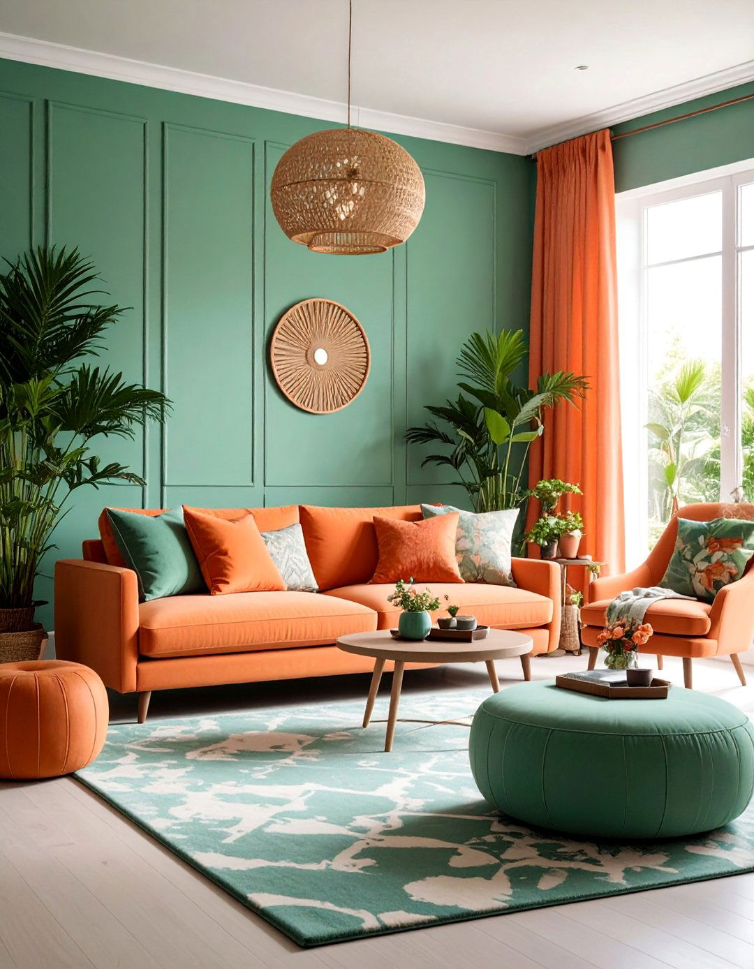 Cottage Living Room with Seafoam Green and Coral Orange - 25 Green and Orange Living Room Ideas