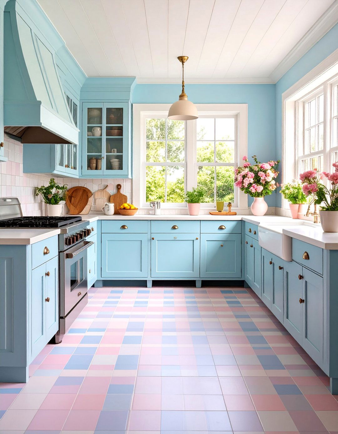 Cottage Pastel Gingham Painted Floor - 25 Painted Floor Ideas