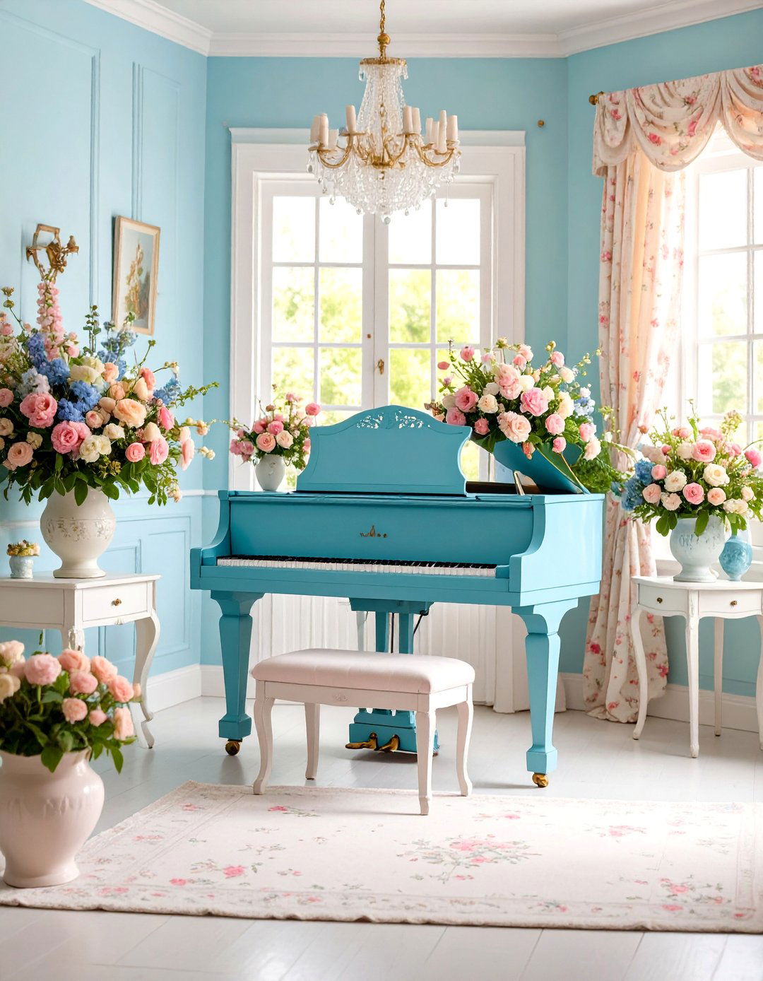 Cottage Piano Room with Floral Wallpaper and Vintage Charm - 25 Piano Room Ideas