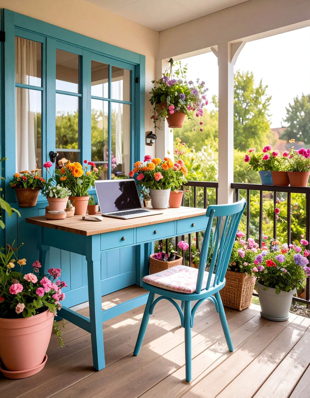 Cottage Style Balcony Office with Charming Details - 25 Balcony Office Ideas