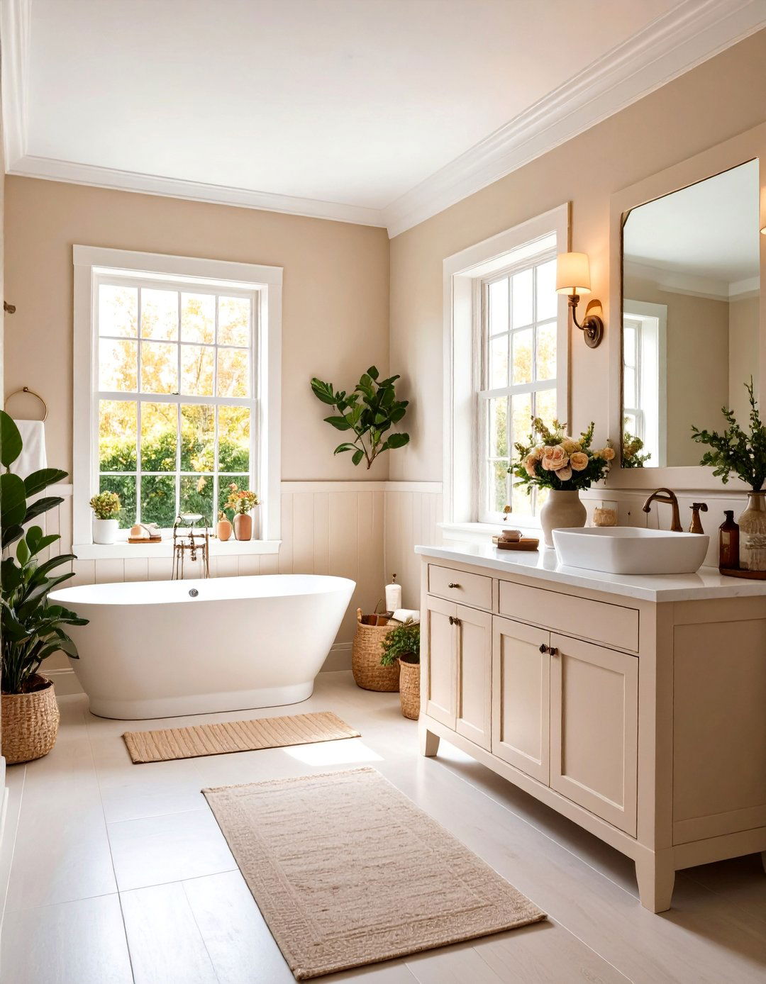 Cottage Style Bathroom with Beige Wainscoting and White Ceramics - 25 Beige and White Bathroom Ideas