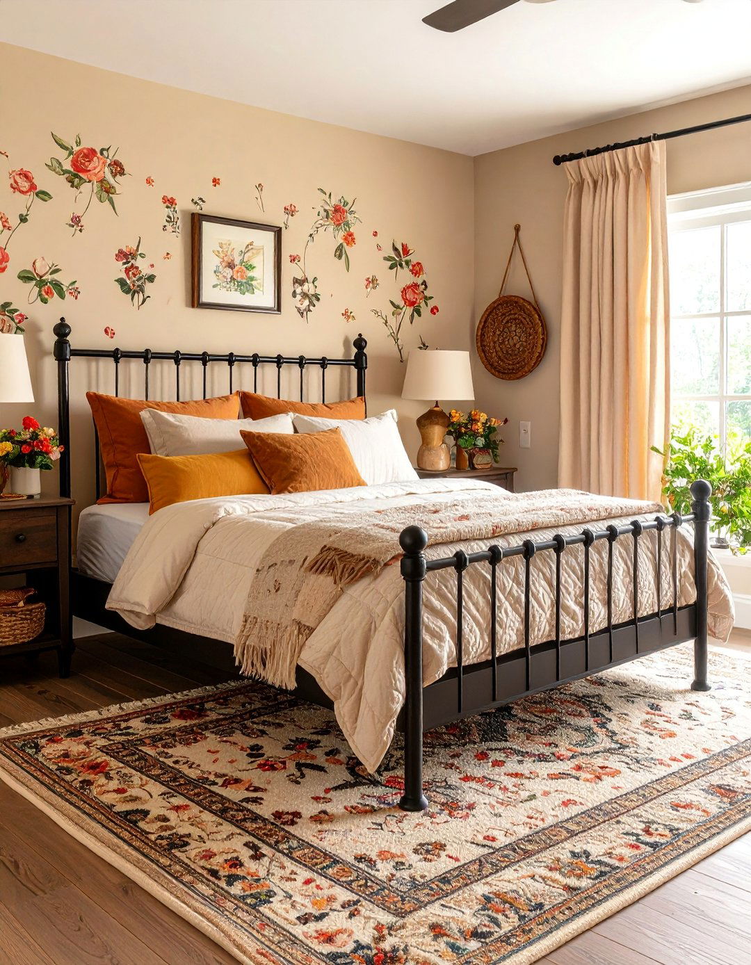 Cottage Style Bedroom with Beige Florals - 25 Black and Beige Bedroom Design Ideas
