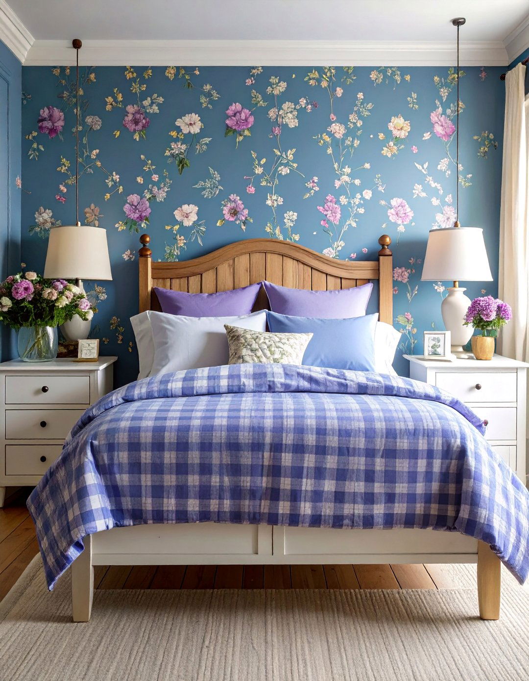 Cottage Style Blue Floral Wallpaper with Purple Accents - 25 Blue and Purple Bedroom Ideas
