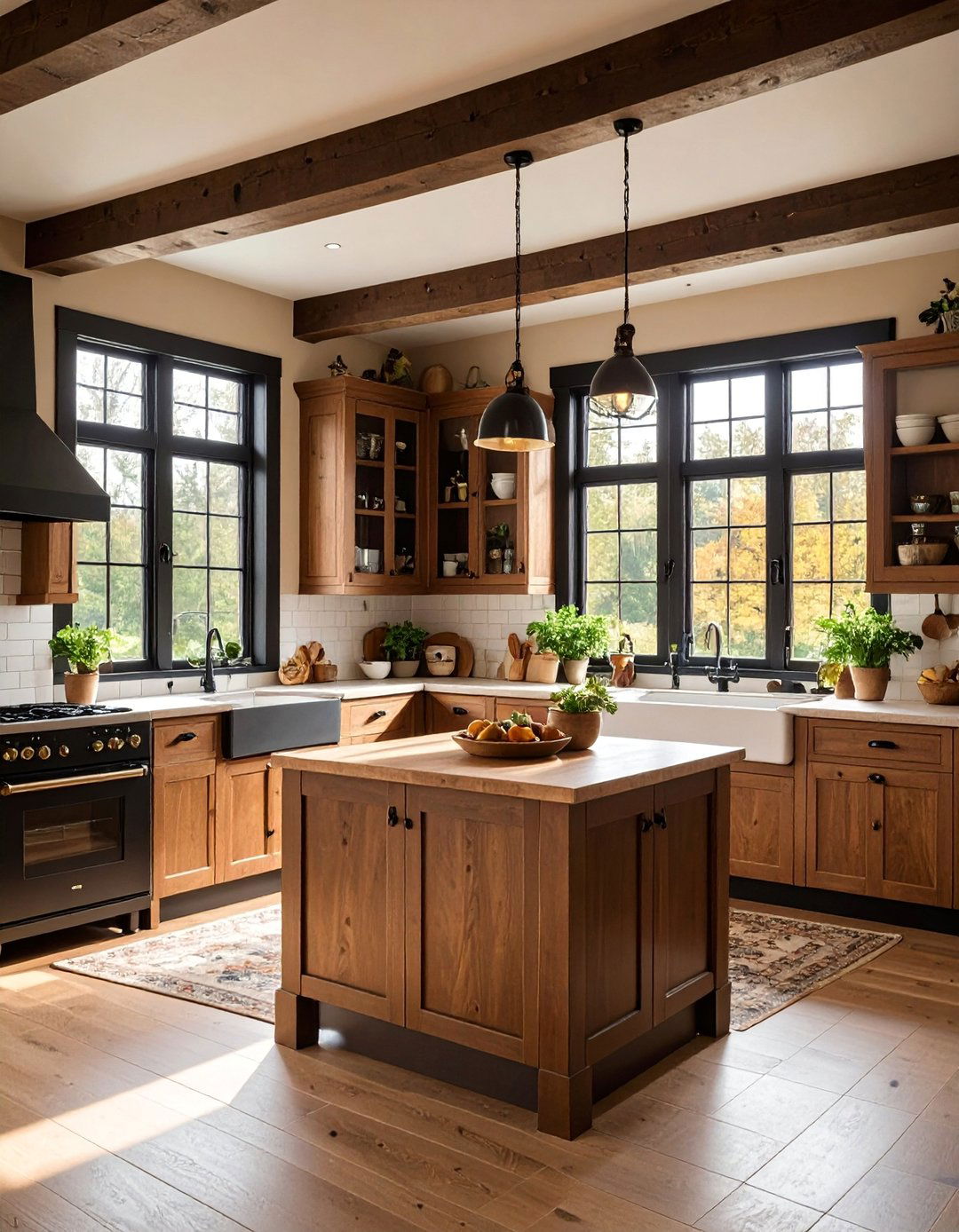 Cottage Style Brown Kitchen with Black Window Frames - 25 Black and Brown Kitchen Ideas