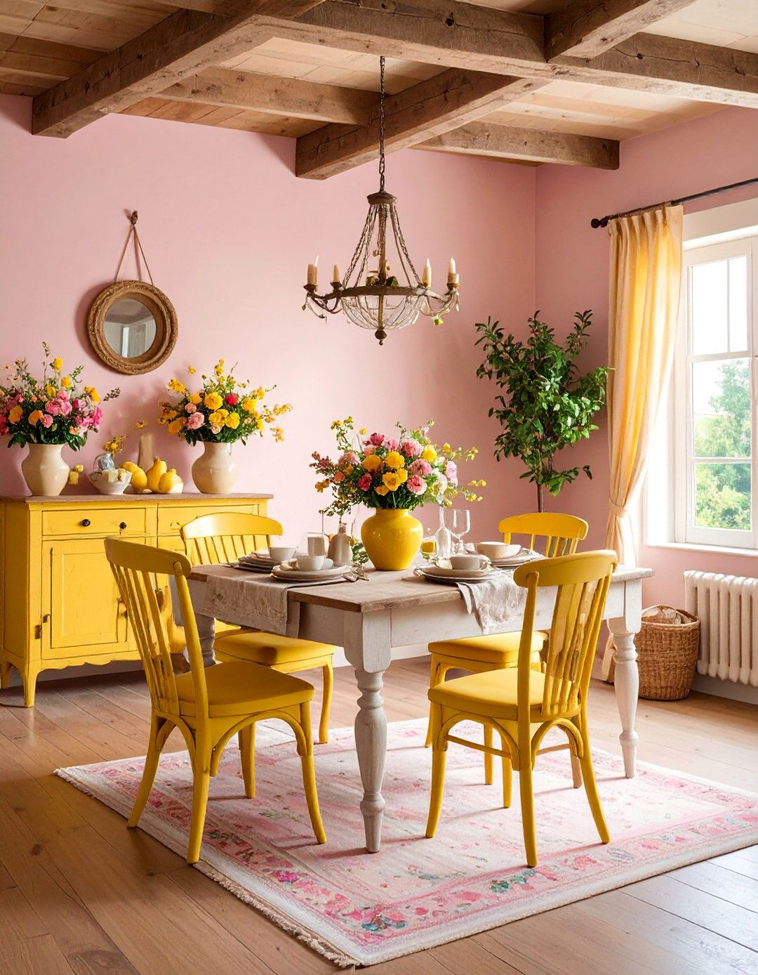 Cottage Style Dining Room with Pink Walls and Yellow Furniture - 25 How to Decorate With Yellow and Pink
