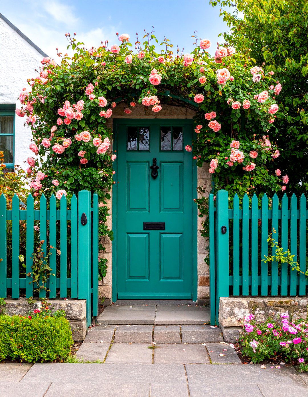 Cottage Style Door with Climbing Roses - 25 Mediterranean Front Door Ideas