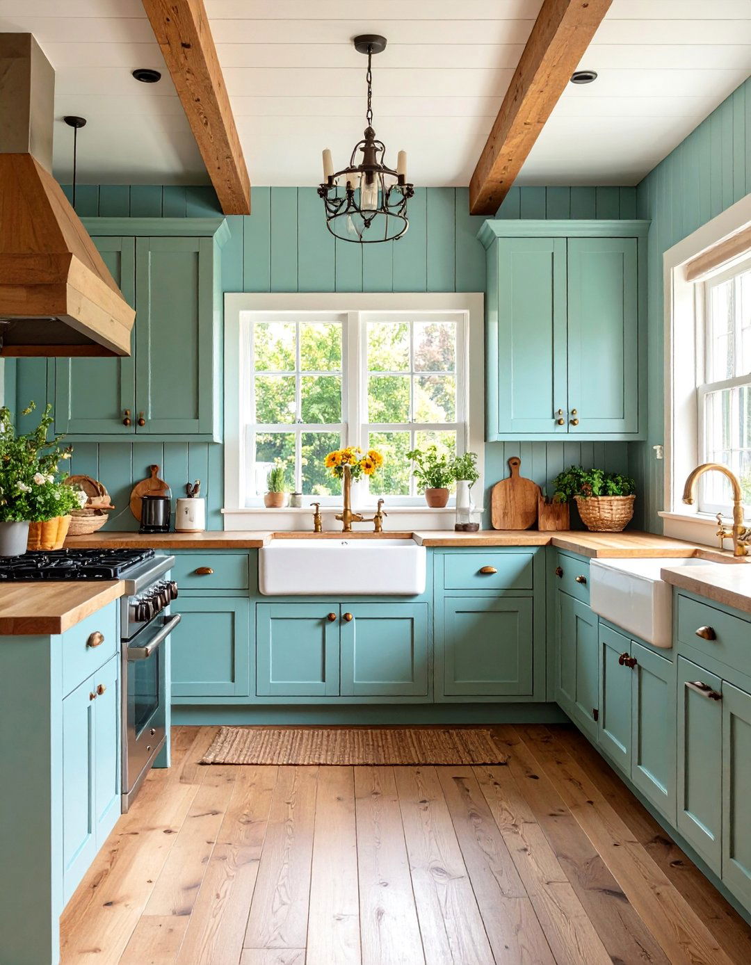 Cottage Style Green Cabinets with Brown Beadboard Details - 25 Green and Brown Kitchen Ideas