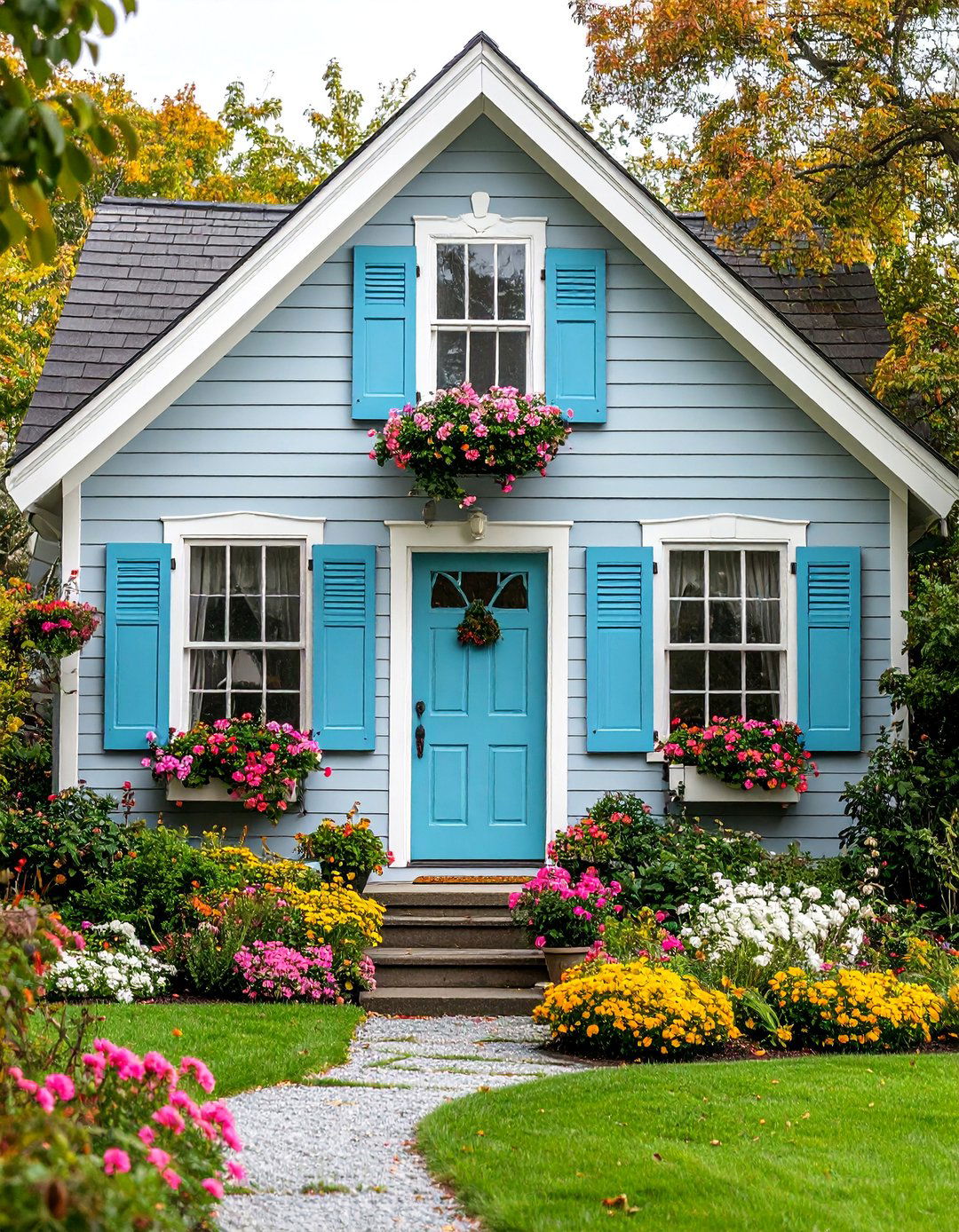 Cottage Style Grey House with Periwinkle Blue Shutters - 25 Grey House With Blue Door Ideas