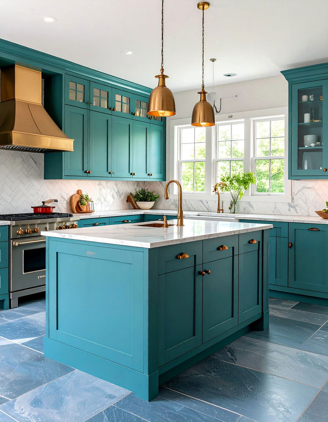 Cottage Style Kitchen with Blue Gray Slate and Painted Cabinets - 25 Kitchens With Slate Floors