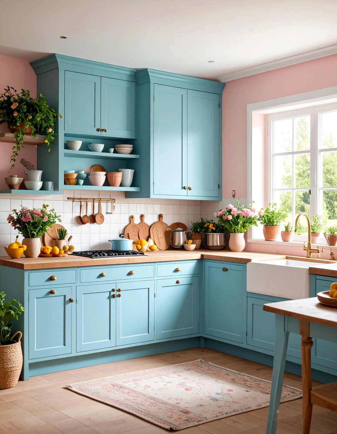 Cottage Style Kitchen with Painted Cabinets and Open Shelving - 25 Kitchen Layout Ideas