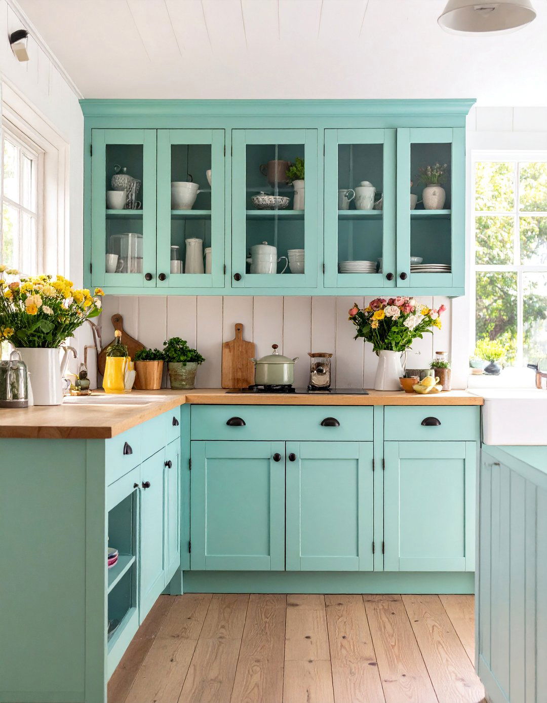 Cottage Style Kitchen with Painted Wood Open Storage - 25 Kitchens Without Upper Cabinets