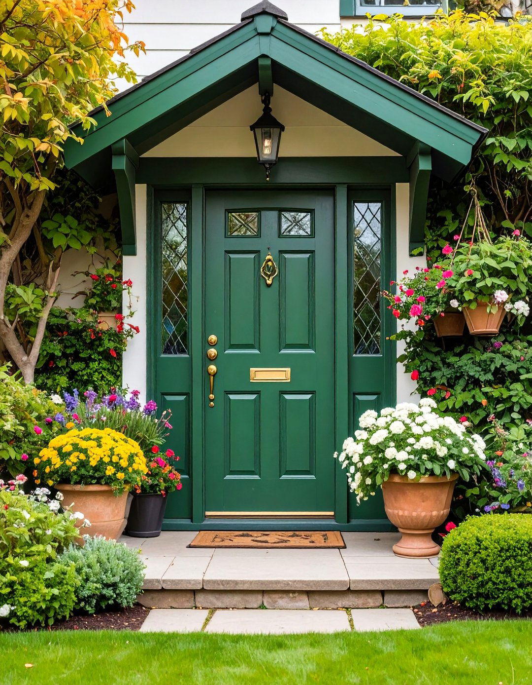 Cottage Style Olive Green Front Door with Leaded Glass - 25 Olive Green Front Door Ideas