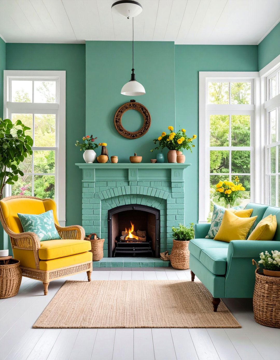 Cottage Style Painted Brick Fireplace with Shabby Chic Furnishings - 25 Sunroom With Fireplace Ideas