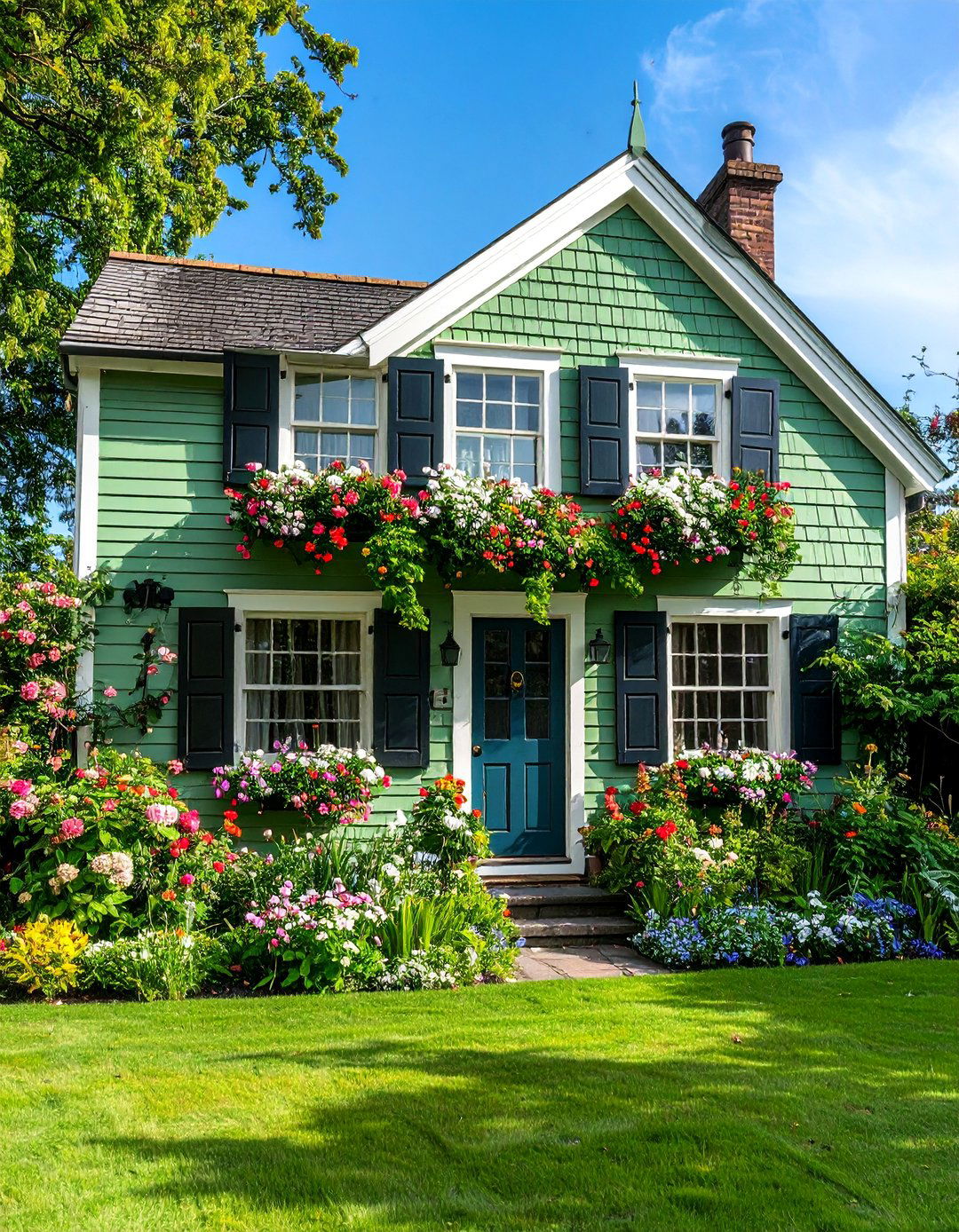 Cottage Style Sage Green House with Black Shutters - 25 Sage Green House With Black Trim Ideas