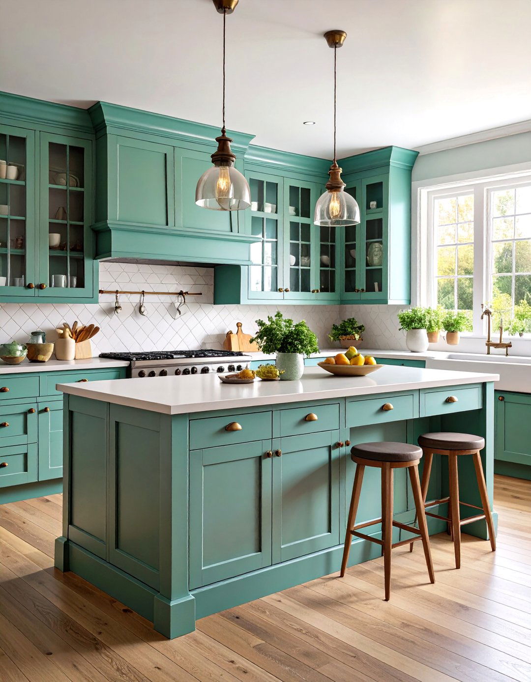 Cottage Style Sage Green Island with Glass Front Cabinets - 25 Sage Green Kitchen Island Ideas