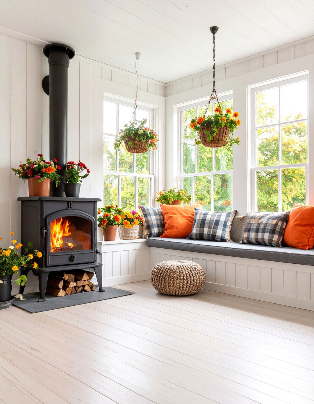 Cottage Style Sunroom with Wood Burning Stove and Built in Seating - 25 Sunroom With Fireplace
