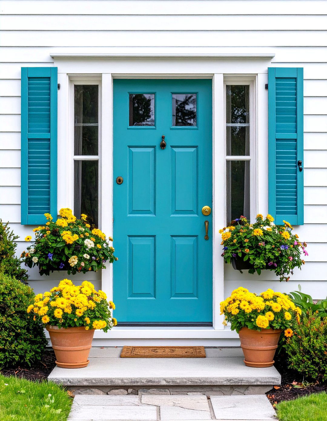 Cottage Style Turquoise Door with White Trim - 25 Turquoise Front Door Ideas