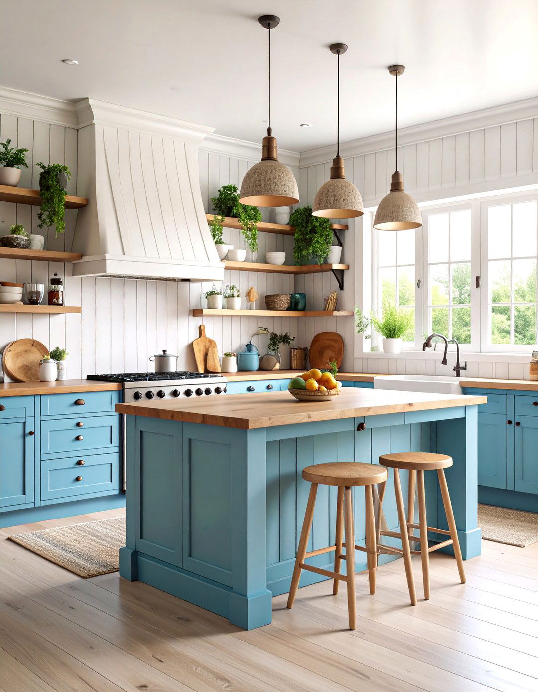 Cottage Style White Beadboard Cabinets with Baby Blue Island - 25 White Kitchen Cabinets With Blue Island