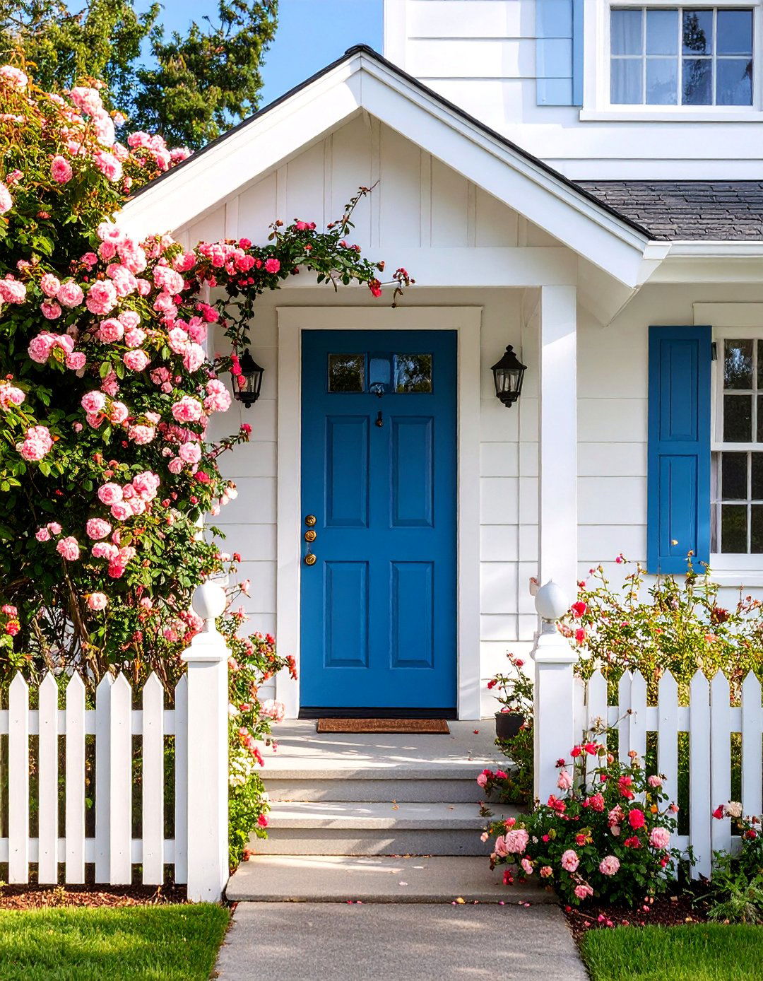 Cottage Style White House with Charming Black Dutch Door - 25 White House Ideas With Black Doors