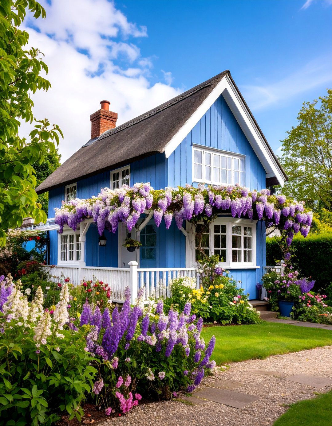 Cottage Style Wisteria with Climbing Vines - 25 Purple House Exterior Ideas