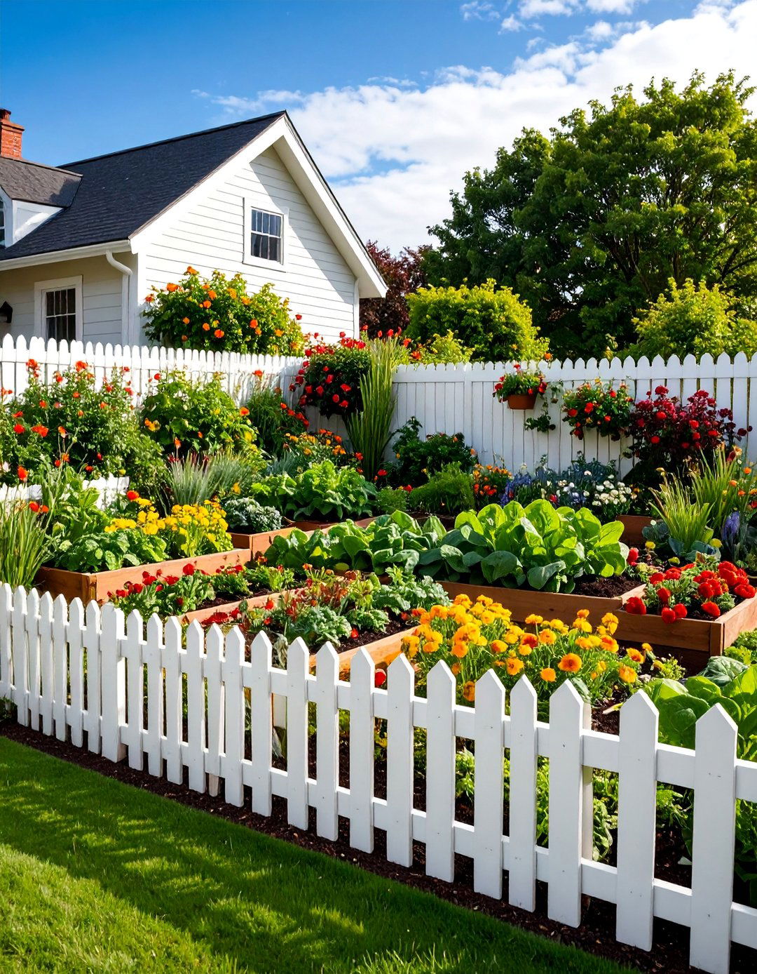 Cottage Vegetable Garden with Picket Fence Borders - 25 Front Yard Landscaping Ideas