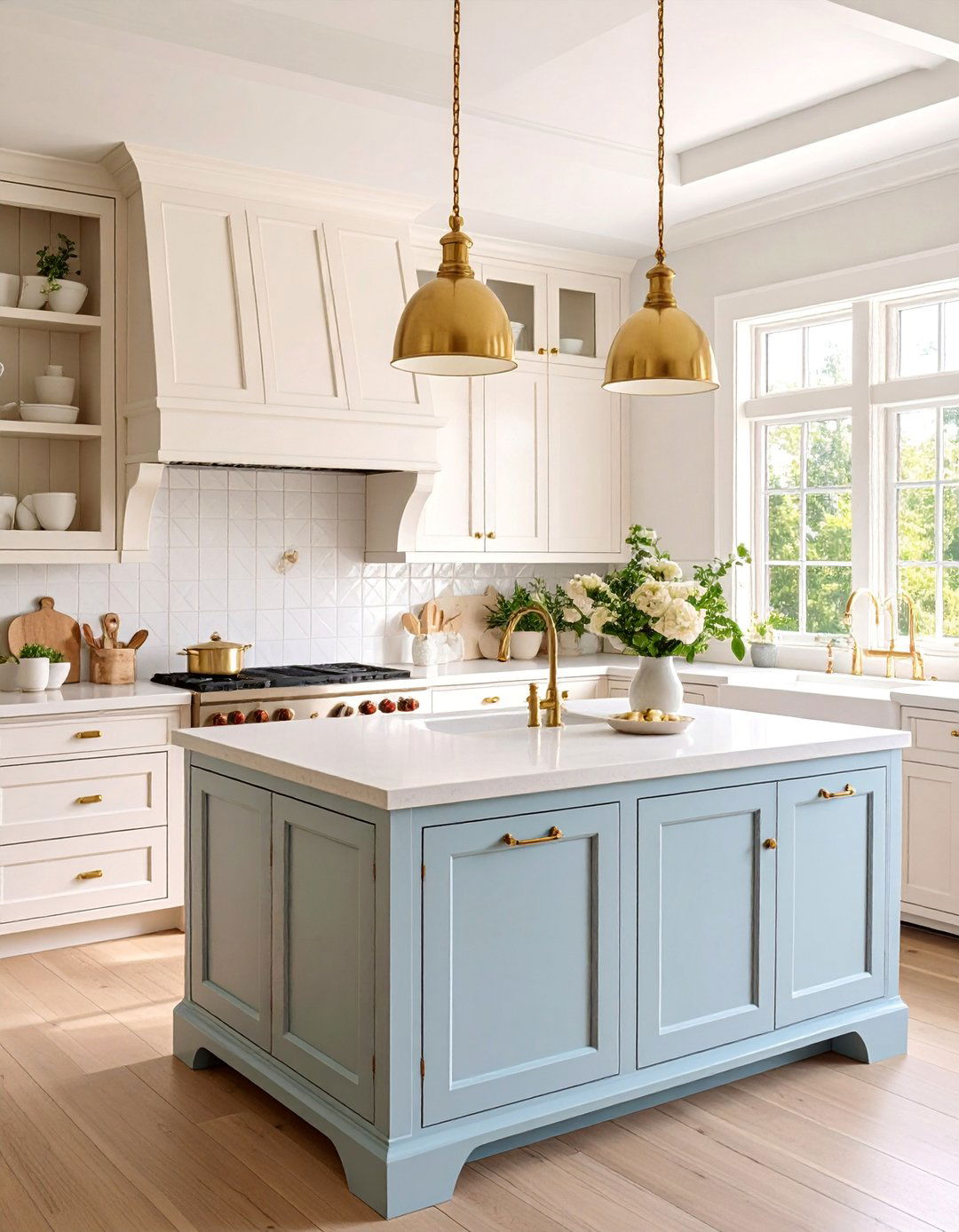 Cottage White Kitchen with Soft Gold Patina Hardware - 25 White and Gold Kitchen Ideas