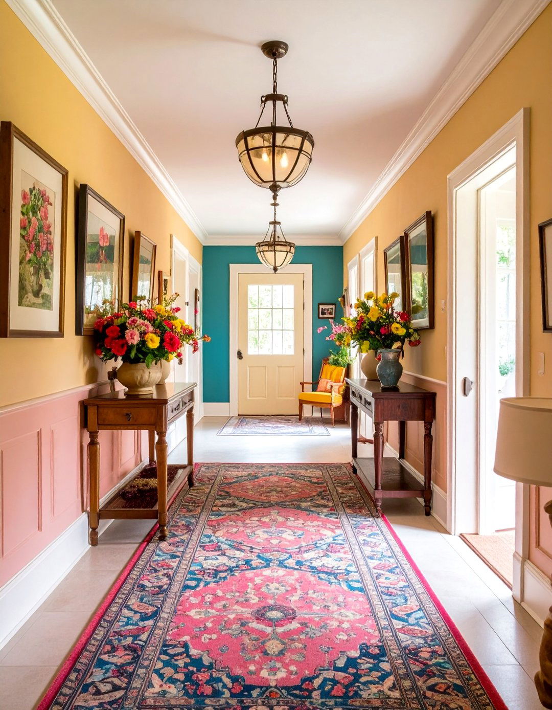 Cottagecore Upstairs Hallway with Gallery Wall and Runner Rugs - 25 Cottagecore Interior Design Ideas