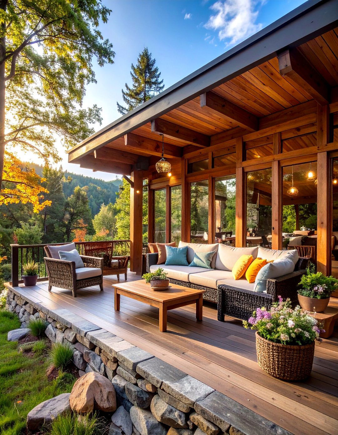 Country Cabin Screened Deck with Log Accents - 25 Screened-in Deck Ideas