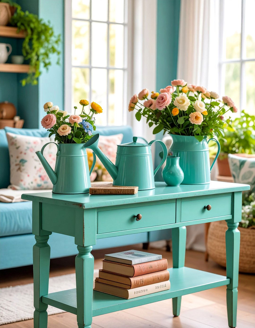 Country Cottage Console with Floral Garden Motifs - 25 Sofa Table Decor Ideas