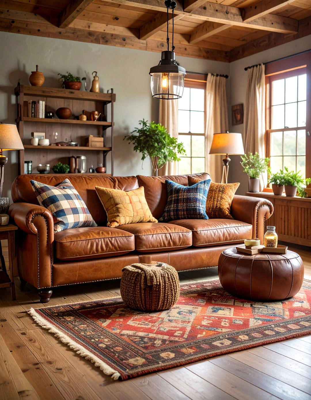 Country Cottage Living Room with Vintage Quilts - 25 Brown Leather Couch Living Room Ideas
