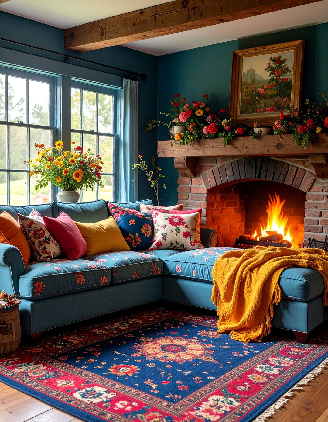 Country Cottage Sectional with Brick Hearth Fireplace - 25 Living Room Ideas With Sectionals and Fireplace
