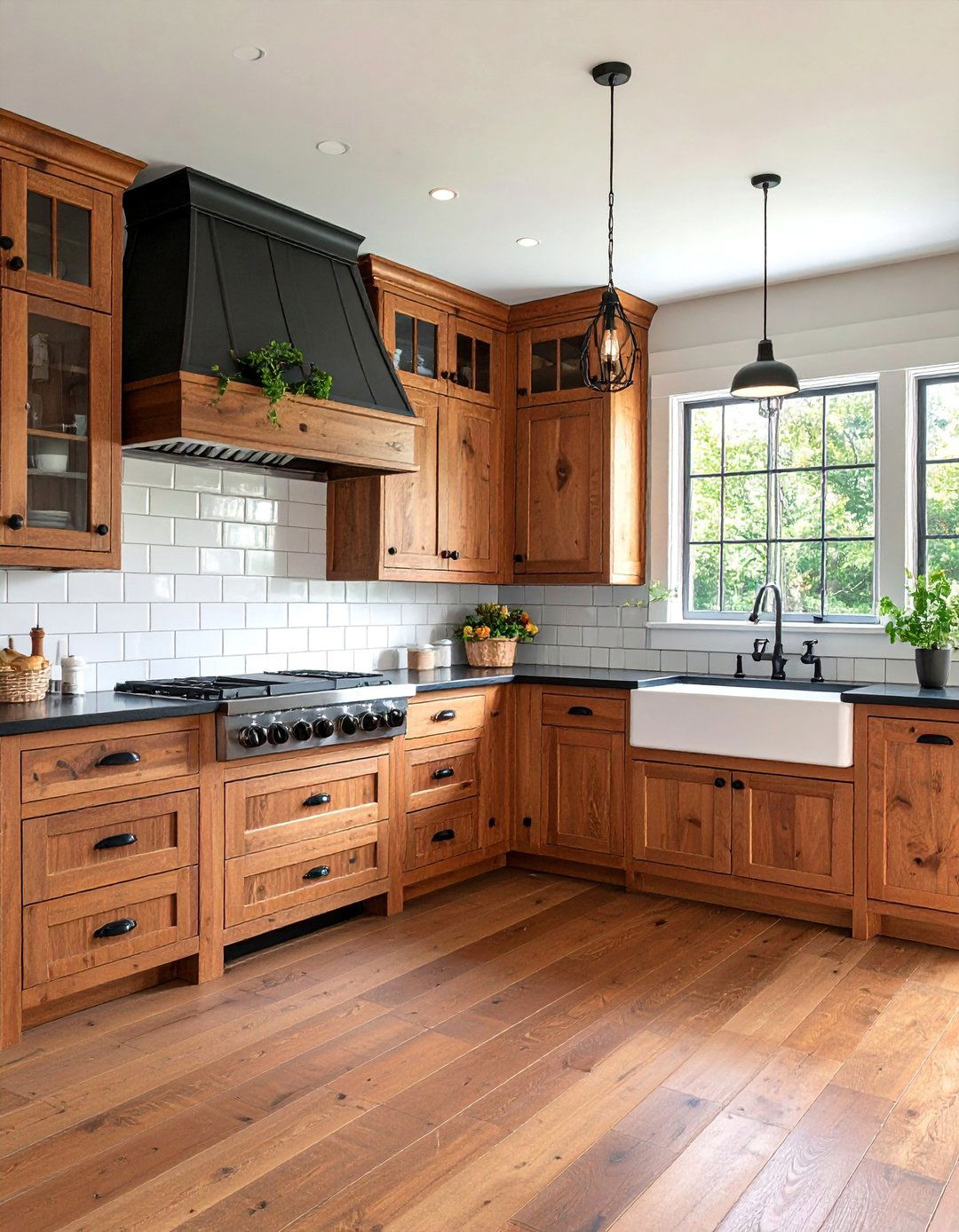 Country Farmhouse Kitchen with Distressed Brown Cabinets - 25 kitchen with brown cabinets and black countertops ideas