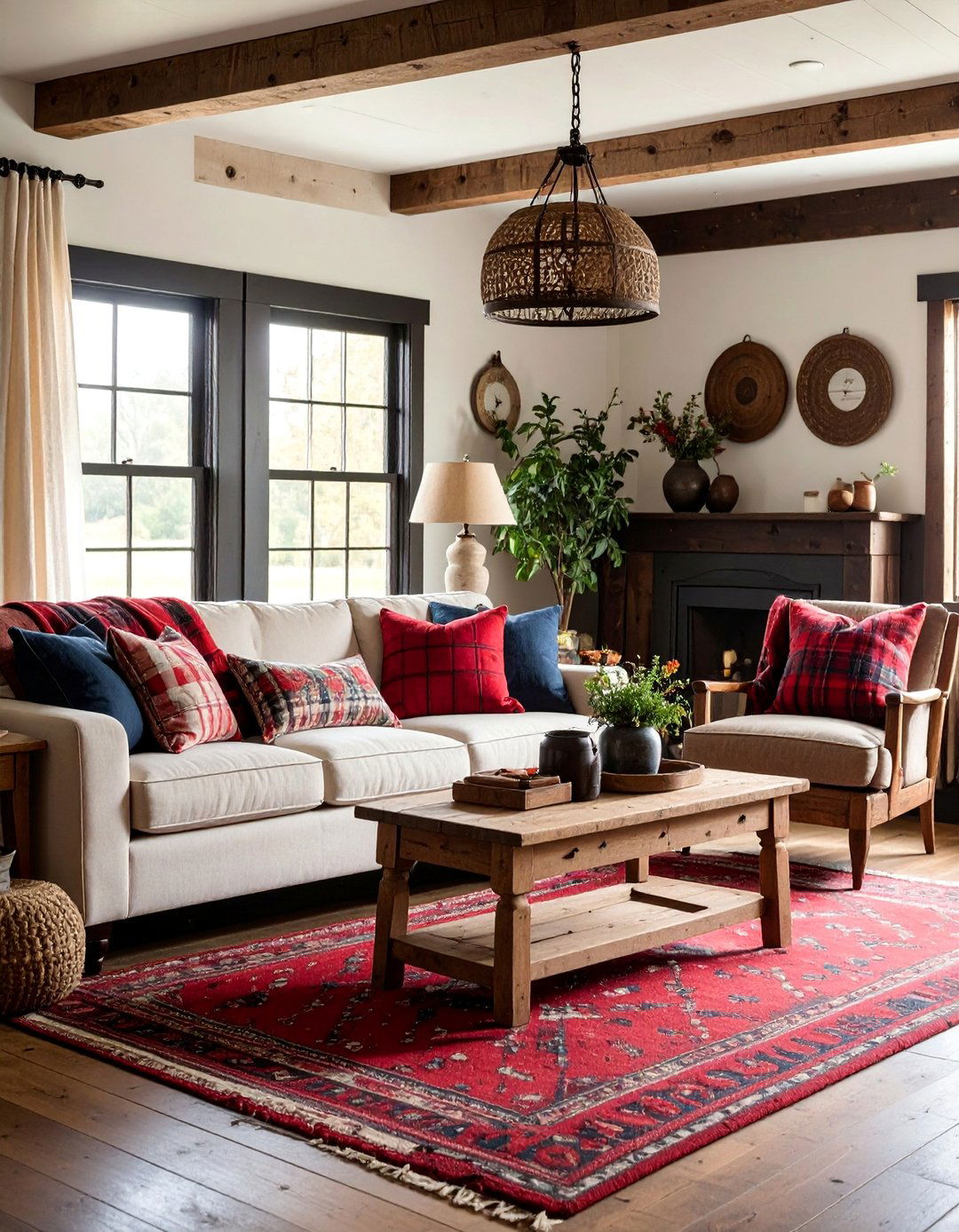 Country Farmhouse Living Room with Red Plaid and Black Wood - 25 Black and Red Living Room Ideas